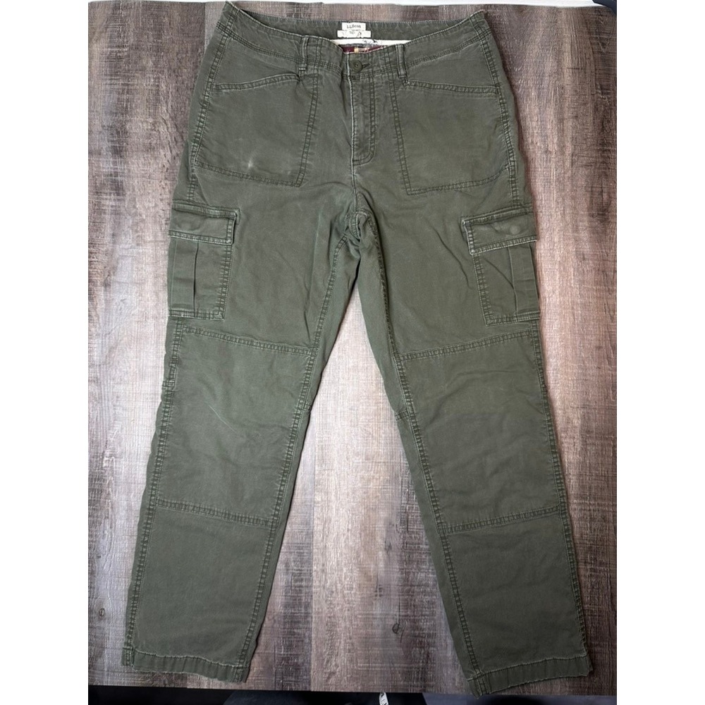 LL Bean Favorite Fit Flannel Lined Cargo Pants Olive Green Plaid Size 10 Reg